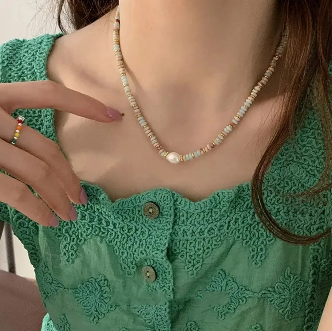 

Natural Stone Flying Disc Irregular Baroque Freshwater Pearl Necklace Colorful Collar Chain French Shoushan Stone Necklace X1582