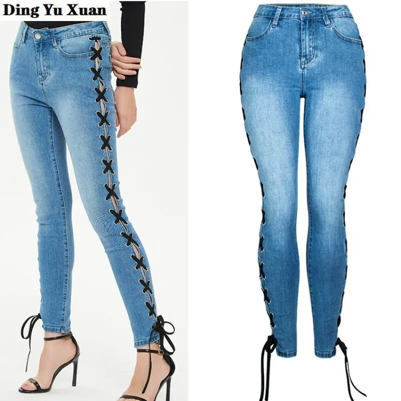 

Женские эластичные джинсовые брюки с разрезами по бокам, облегающие брюки на шнуровке