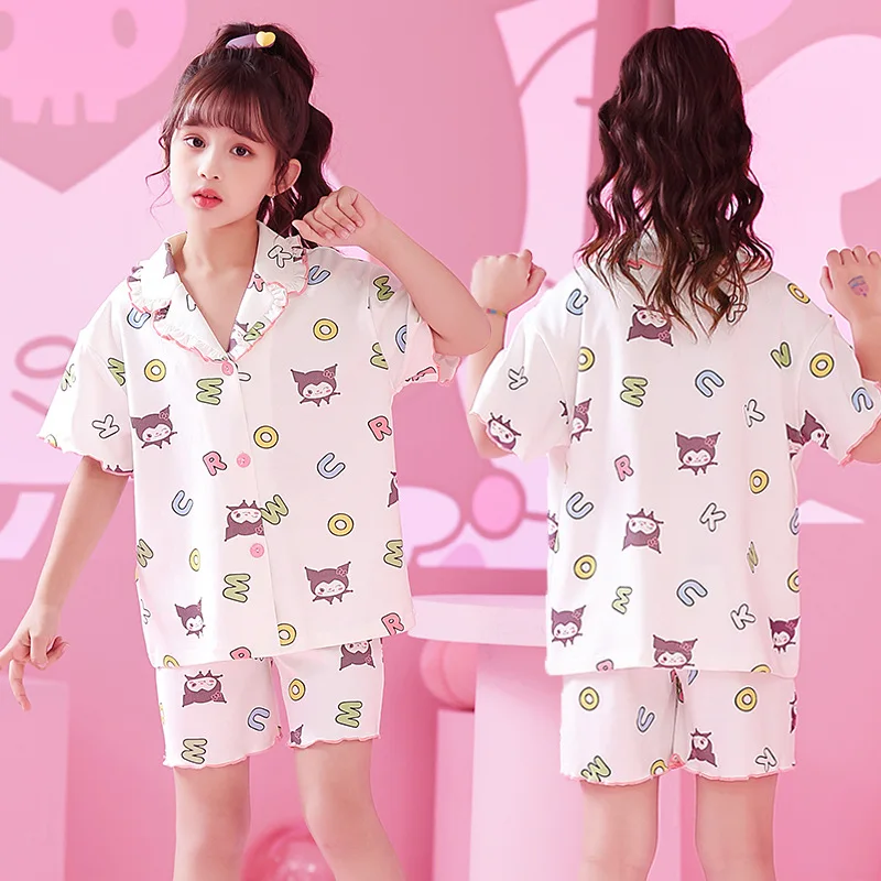 

New Kawaii Sanrioed Anime Kuromi Cinnamoroll My Melody Kids Pajamas Cute Pochacco Summer Thin Short Sleeve Pajamas 3 Piece Set