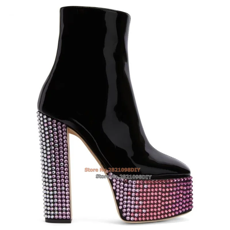 

Square-Toe Black Patent Effect Leather High Heel Ankle Boots Women Rows Pink Rhinestone Embroidery Platform Chunky Heels Bootie