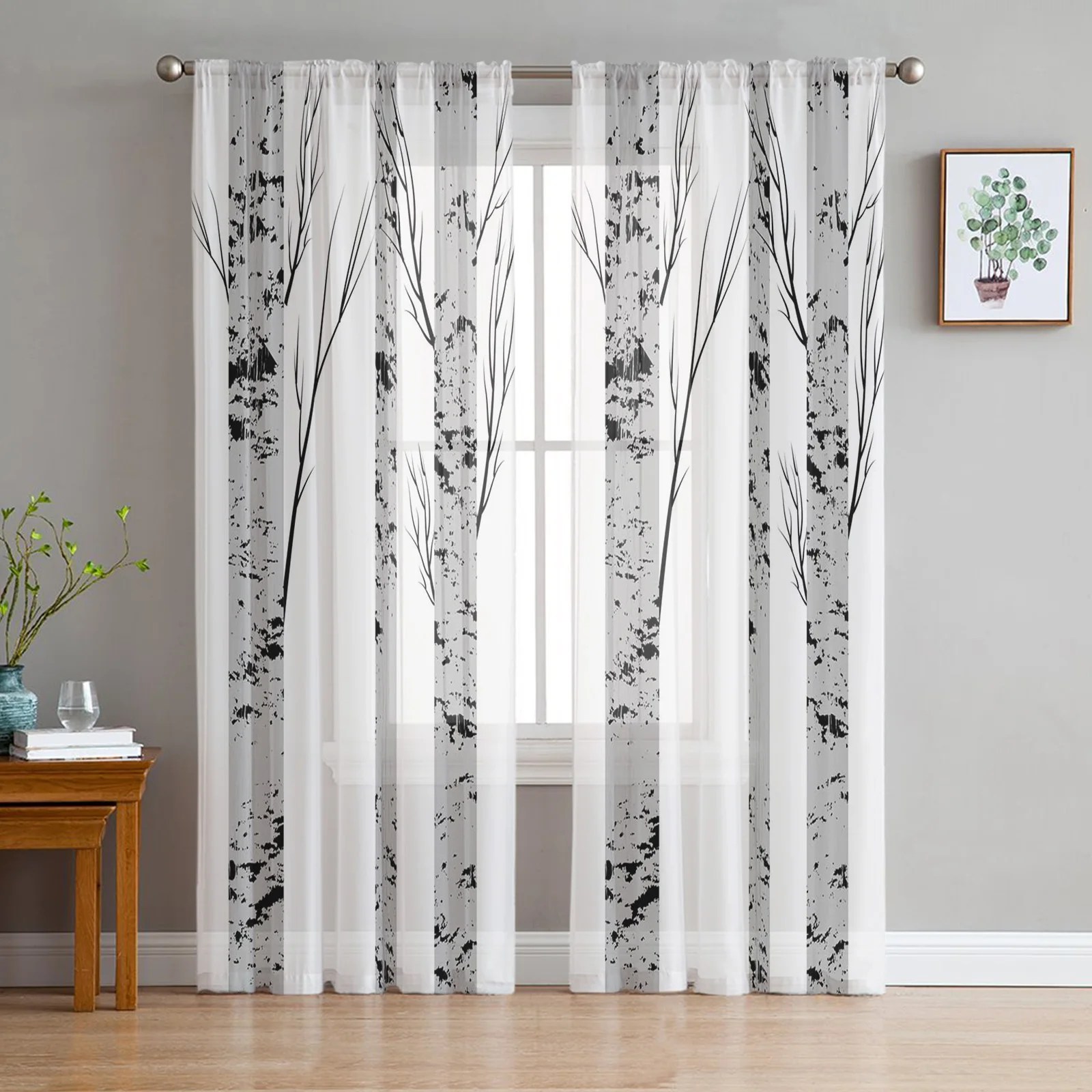 

White Grey Birch Forest Plant Sheer Curtain for Living Room Bedroom Voile Drape Kitchen Window Tulle Curtains Home Essentials