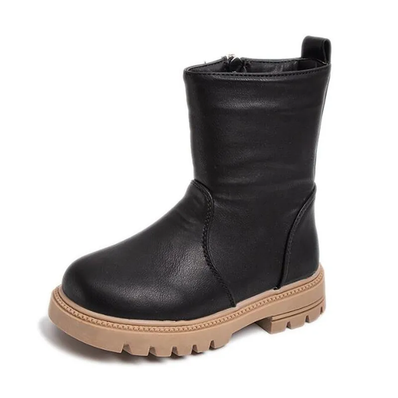 

Children Black Leather Boots Zipper Kids High Boot Warm Fur Girl Short Boot