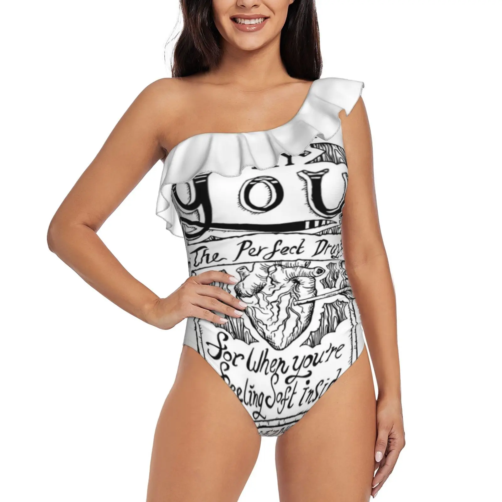 

You'-"The Perfect Drug" купальник на одно плечо с оборками, купальник с принтом, Женский цельный Монокини, купальный костюм на девять дюймов