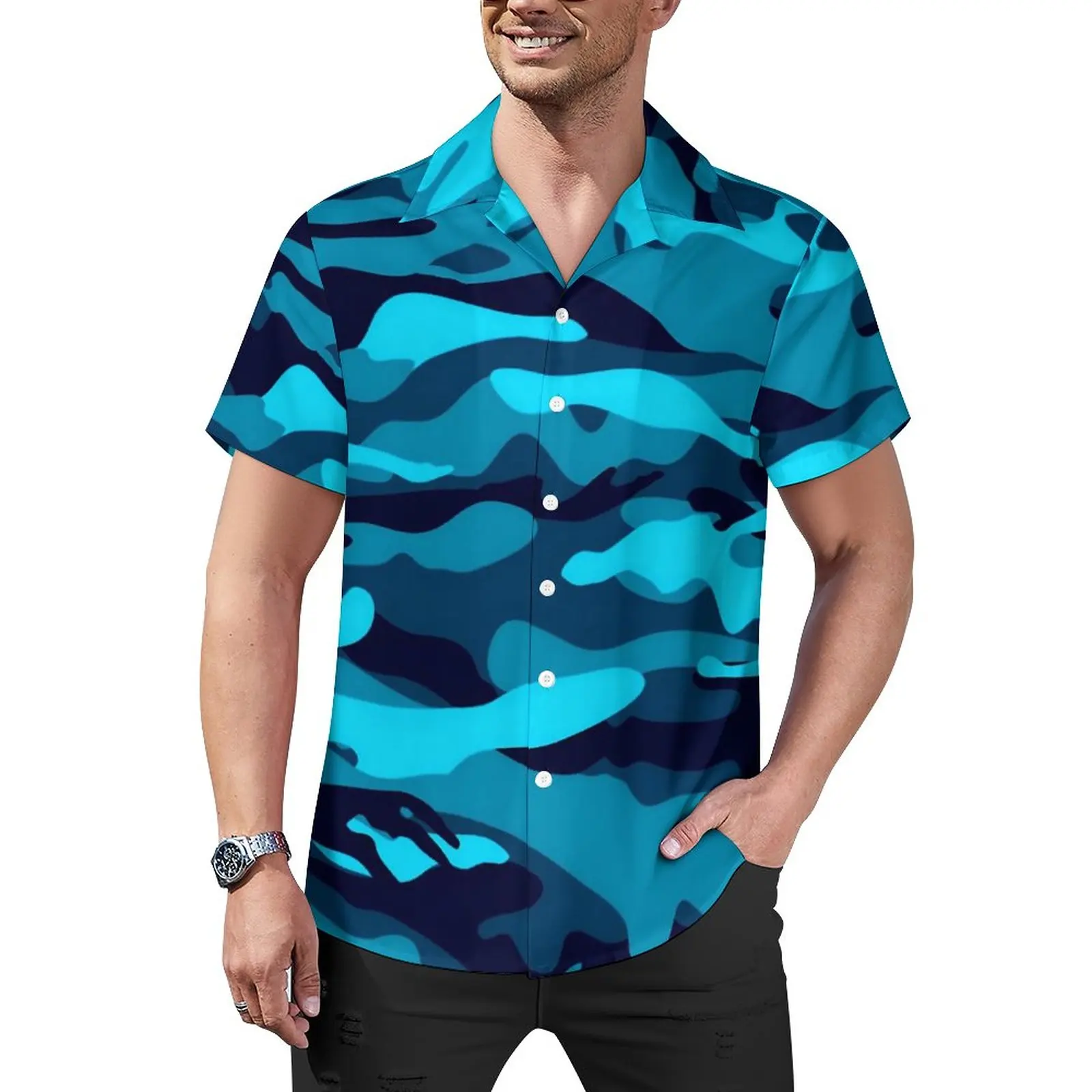 

Blue Camo Print Blouses Men Camouflage Casual Shirts Summer Short Sleeves Graphic Vintage Oversized Beach Shirt Gift