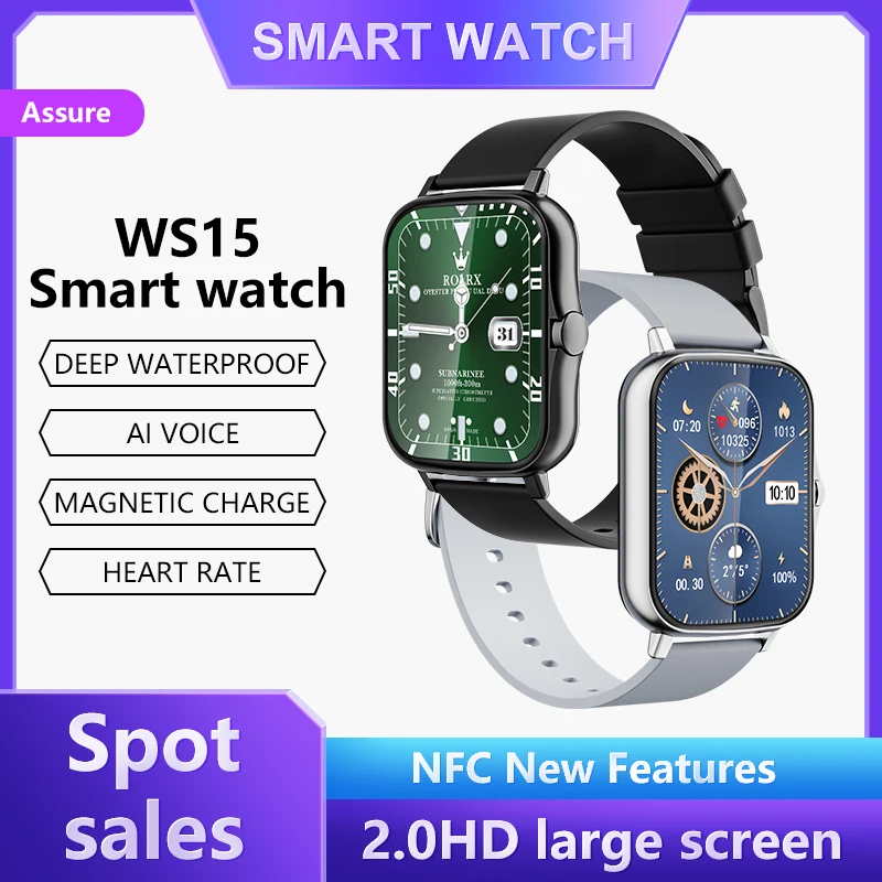 

Спортивные Смарт-часы WS15 с Bluetooth для мужчин и женщин, Смарт-часы с пульсометром, тонометром, монитором сна и напоминанием, электронные