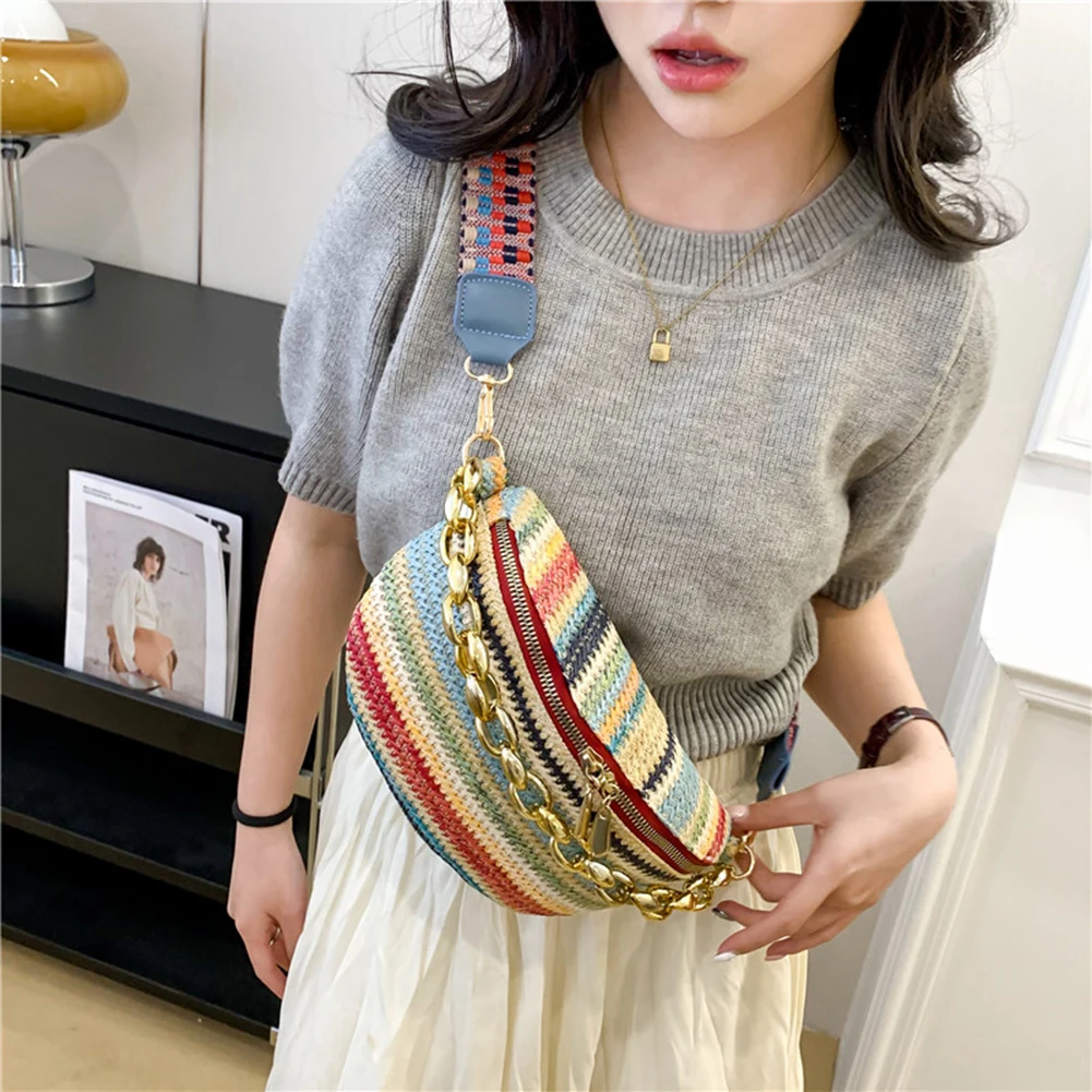 

Summer Beach Straw Chest Bag for Women Banana Bag Rattan Boho Woven Half Moon Belt Bag Chain Shoulder Crossbody Bag Fanny Pack