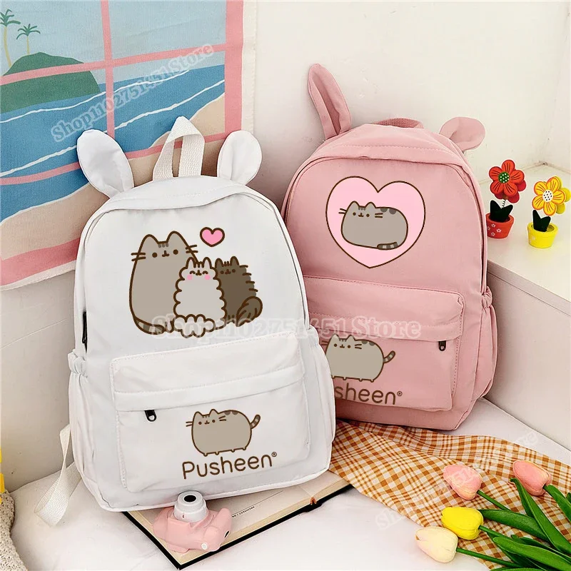 Милый рюкзак с принтом кота Pusheens и ушками для женщин Mochila школьный студентов