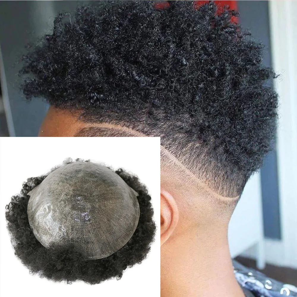 

6mm 10mm Afro Curly Thin Skin Toupee Man Weave Hair Black Mens Kinky Curly Male Toupee 100% Human Hair Wigs Full Machine Made