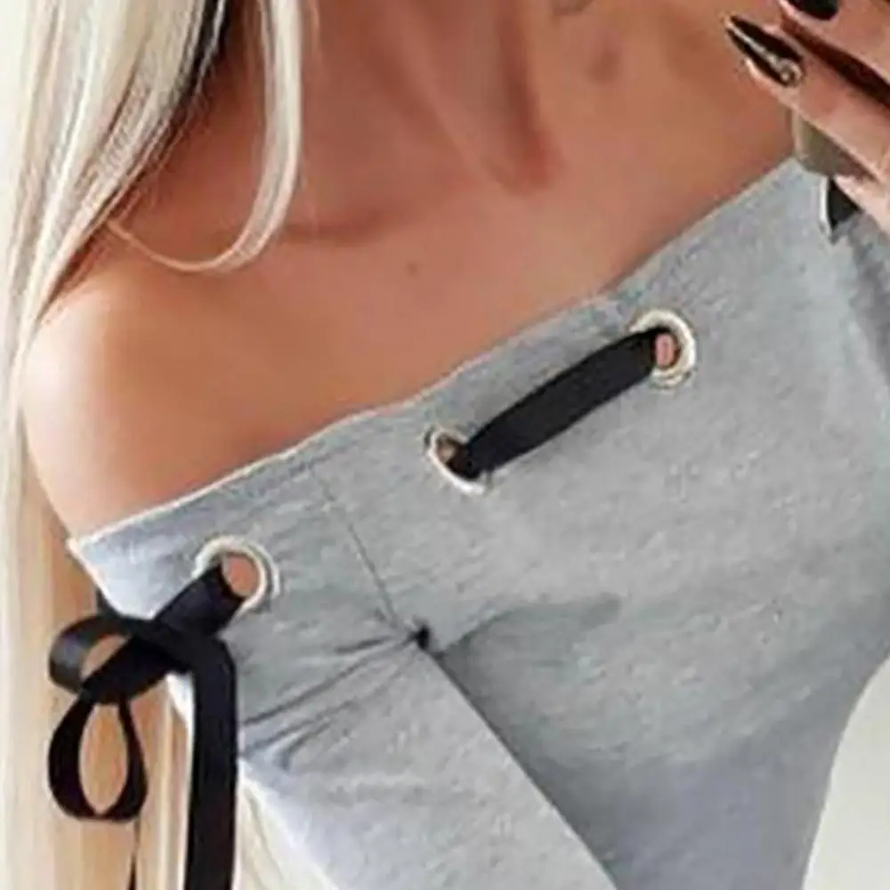 

Off Shoulder Hollow Women Sexy Slim Fit Long Sleeve Slim Out Bowknot Bandage Fits T-shirt