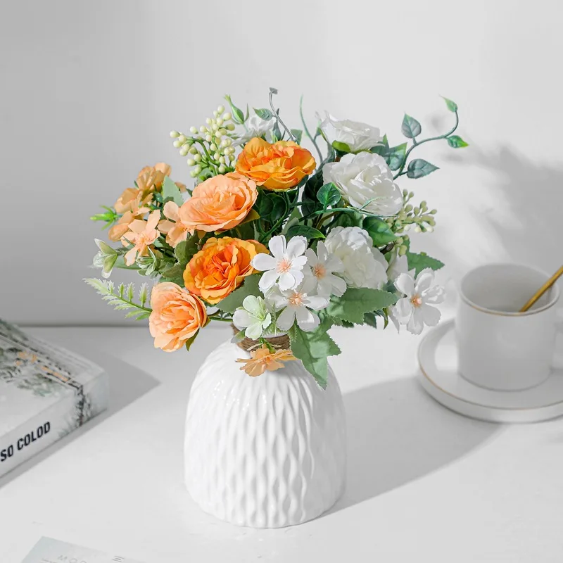 

28CM 1 piece 5 roses combination flower high quality simulation hand holding fake bouquet home wedding decoration flower