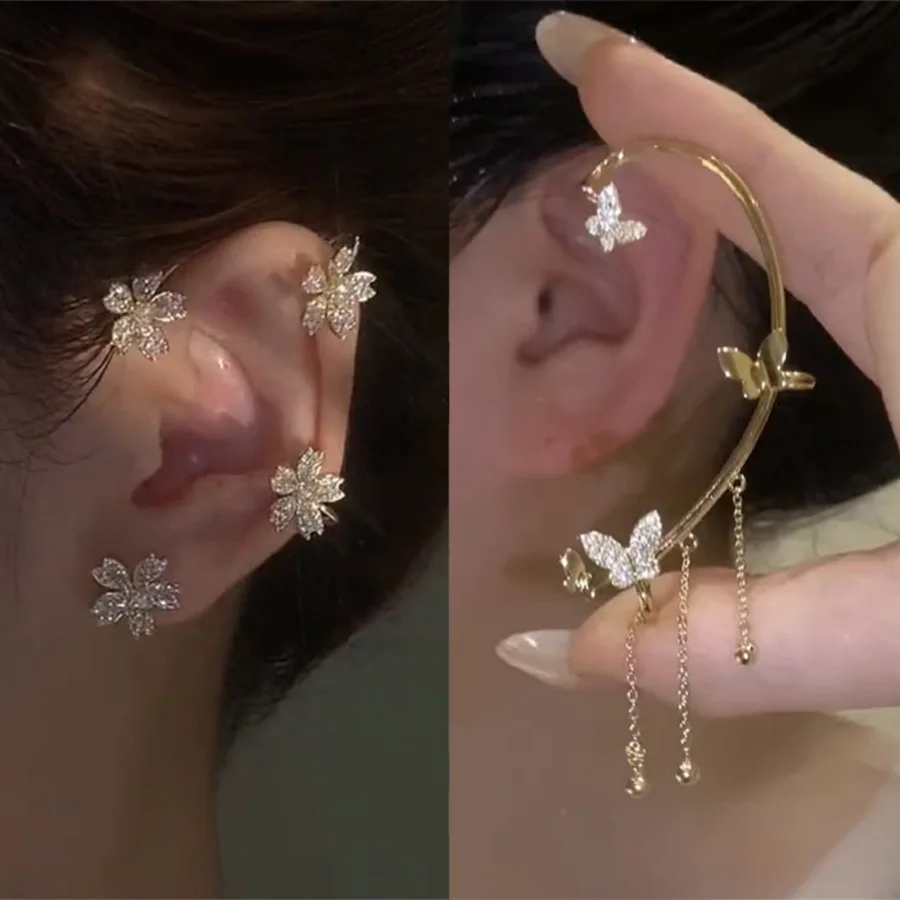 

1PC Kpop Shiny Zircon Butterfly Tassel Earcuff Women Without Piercing Earring Elegant Flower Leaf Clip Earrings Wedding Ear Clip