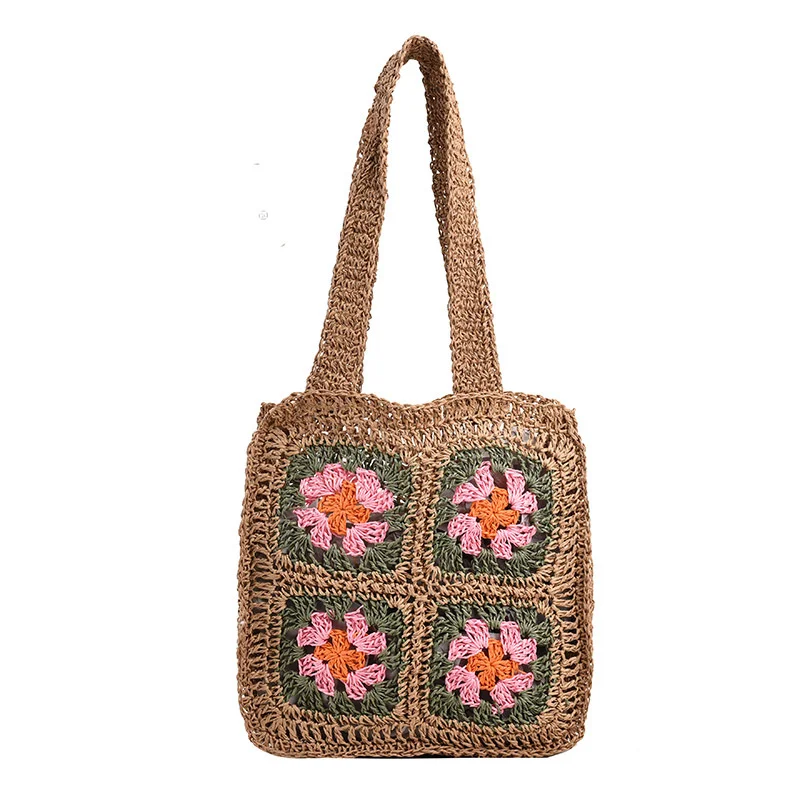 

Hollow Straw Woven Handbag Women Shoulder Bags Bohemian Summer Beach Flower Large Capacity Ladies Storage Bag Fashion Totebag