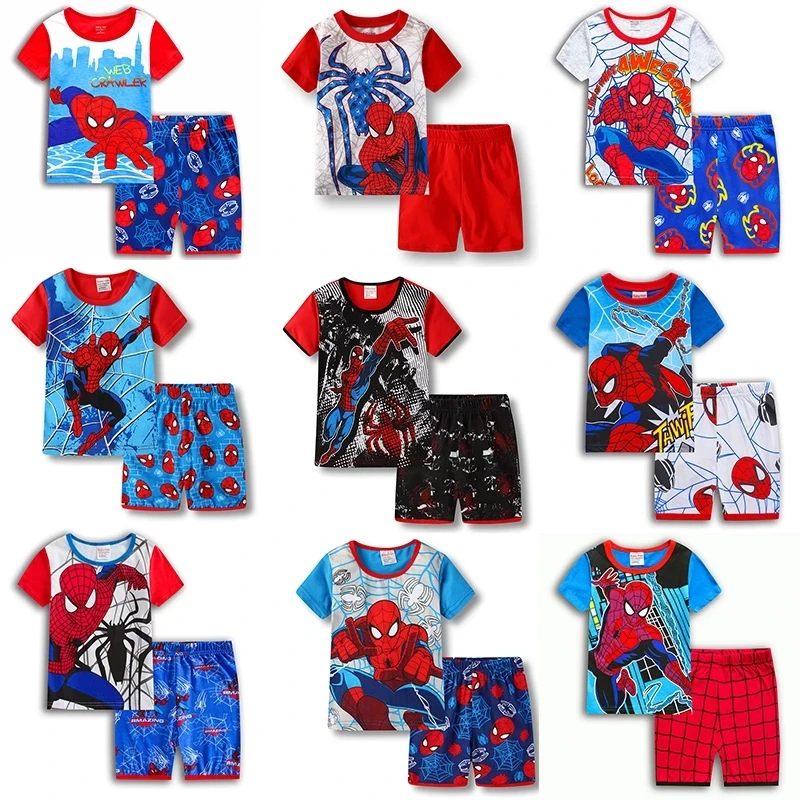 

Пижамный комплект для маленьких мальчиков, домашняя одежда, детские летние шорты с коротким рукавом и мультяшным человеком-пауком, комплек...