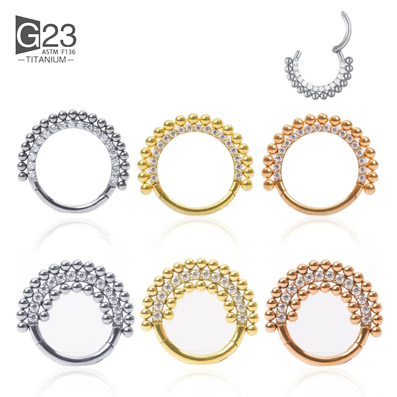 

ASTM F136 Titanium Round Earrings Bead Septum Clicker Hoop Stud Hinged Segment Zircon Nose Ring Piercing Jewelry For Women's