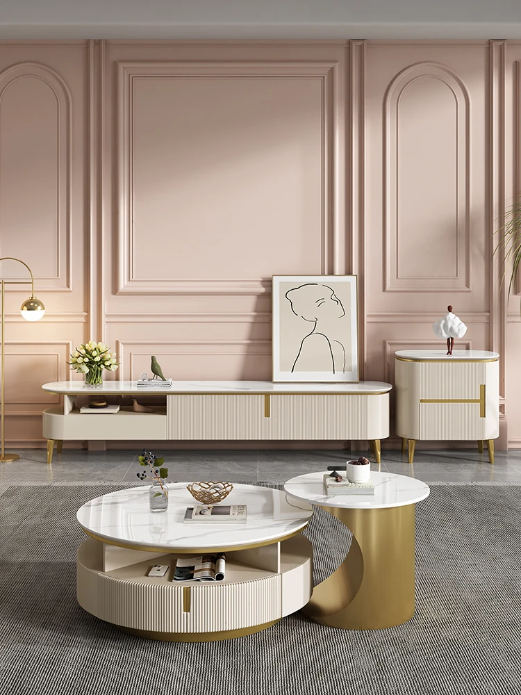 

Cream wind, rock slab, coffee table, TV cabinet, modern simple living room, round Italian light luxury storage table