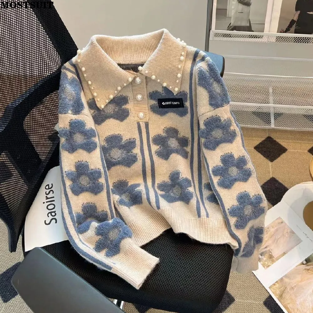 Жаккардовый свитер с жемчугом и бисером женские винтажные элегантные стильные