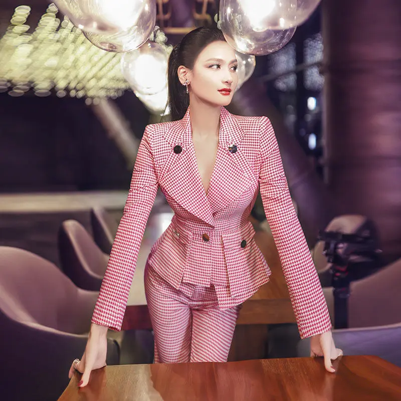 

2022 New Women's Houndstooth Trousers Suit Female Fashion Slim Suit Jacket Office Ladies Professional Pants Two-piece Set J55