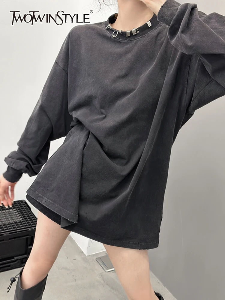 

Женский пуловер с круглым вырезом TWOTWINSTYLE, однотонный Свободный пуловер с металлическим кольцом, Повседневный свитер с длинными рукавами, Новинка