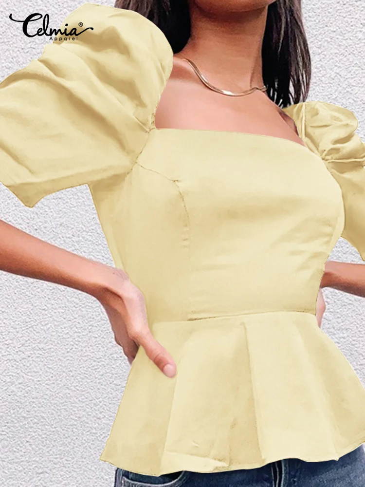 

Летняя блузка с коротким рукавом-фонариком, модель 2022 года, однотонные топы, женская рубашка с баской, повседневные короткие топы с открытой...