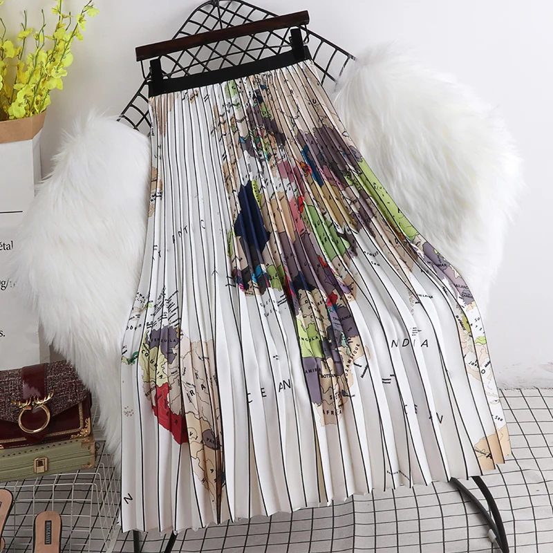 

New Printed A-line Drape Pleated Long Skirt World Map Floral Color Block Printing Swing Calf Long Skirt Female Top Quality