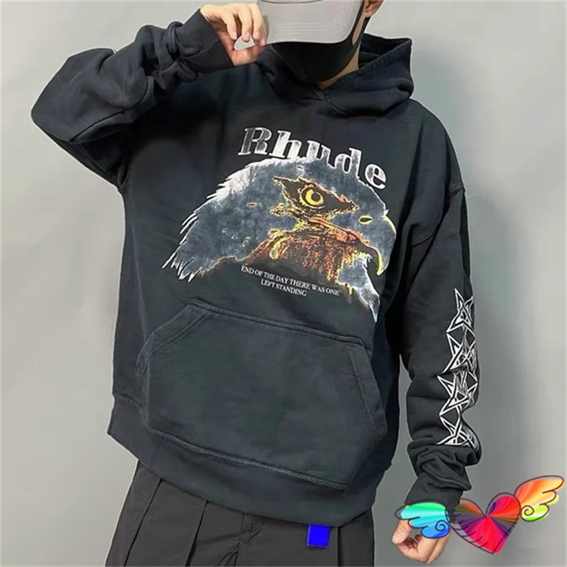 

2023fw Vintage Rhude Eagle Hoodie Men Women Back Triangle Graphic Rhude Hoodie Sleeve Checker Pullovers Hoody Sweatshirts