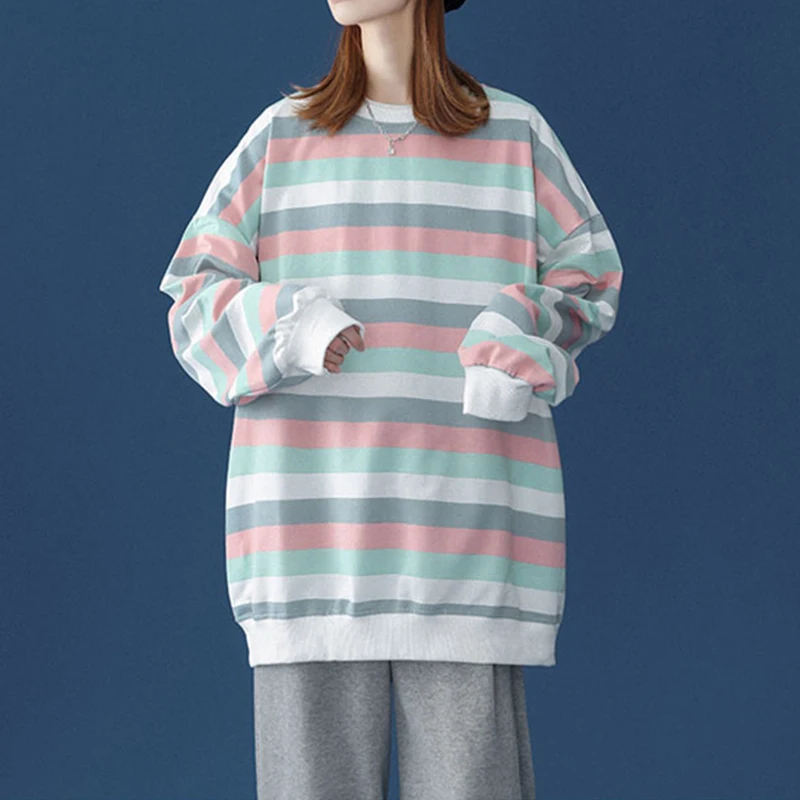 

Aoottii 2022 New Oversize Hoodies Women Striped Loose Sweatshirts Women Casual Lady Pullovers