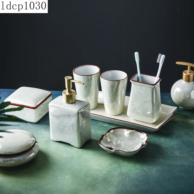 

Creative Chinese Ceramic Bathroom Cup Retro Tooth Cup Mouthwash Cup Lotion Bottle Wash Set Hotel Bathroom Decoration Accessories