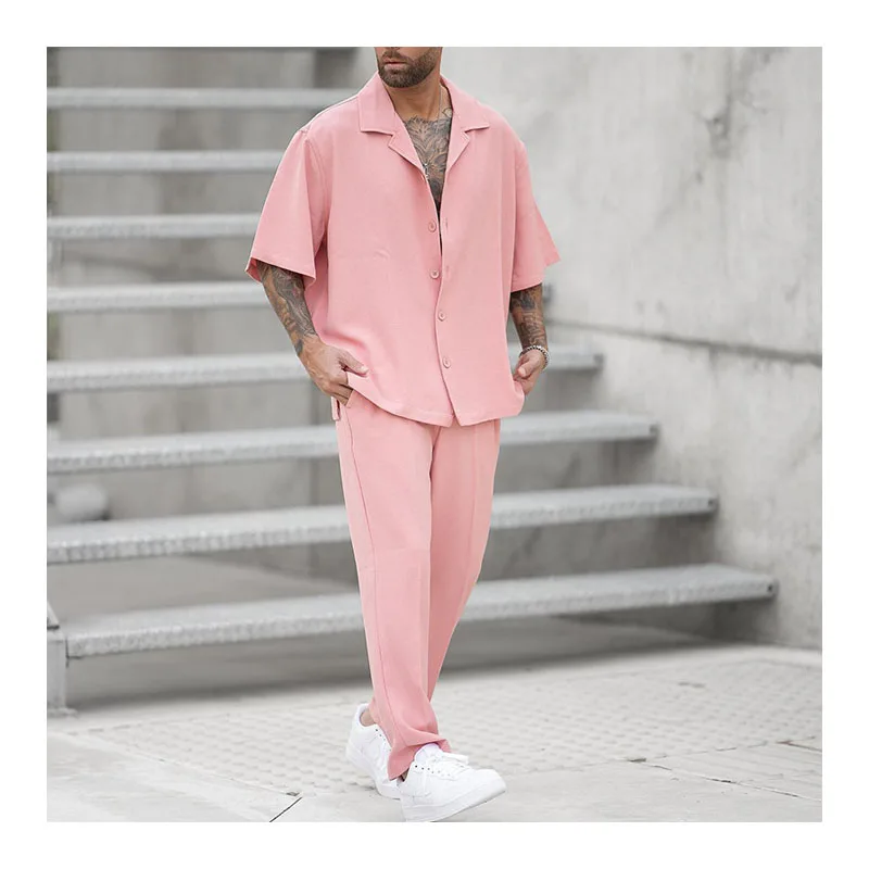 

Summer Men's Shirt Casual Pants Two-piece Set Pink Short-sleeved Shirt Pants Two-piece Casual Work Solid Color Men's SuitShirts