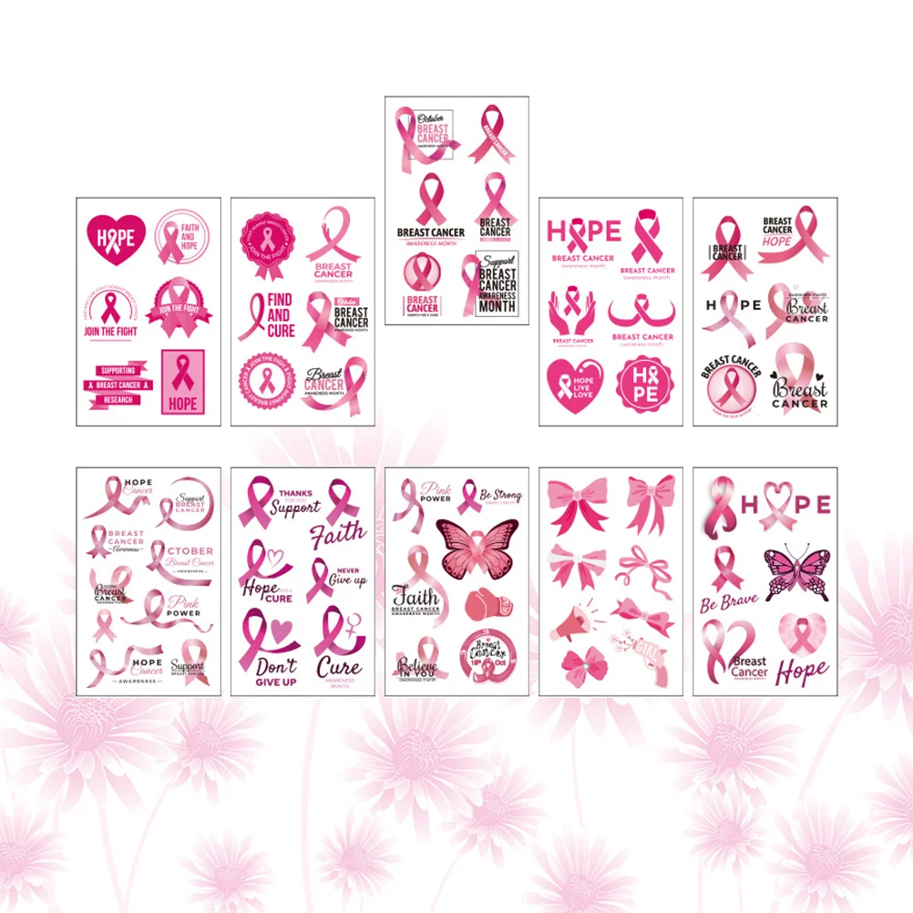 

10Pcs Breast Cancer Month Stickers Ribbon Pattern Temporary Public Welfare Activities Decals for Outdoor