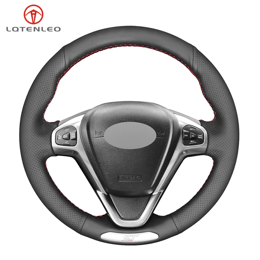 LQTENLEO Black Genuine Leather DIY Hand-stitched Car Steering Wheel Cover for Ford Fiesta ST 2013 2014 2015 2016 2017 2018
