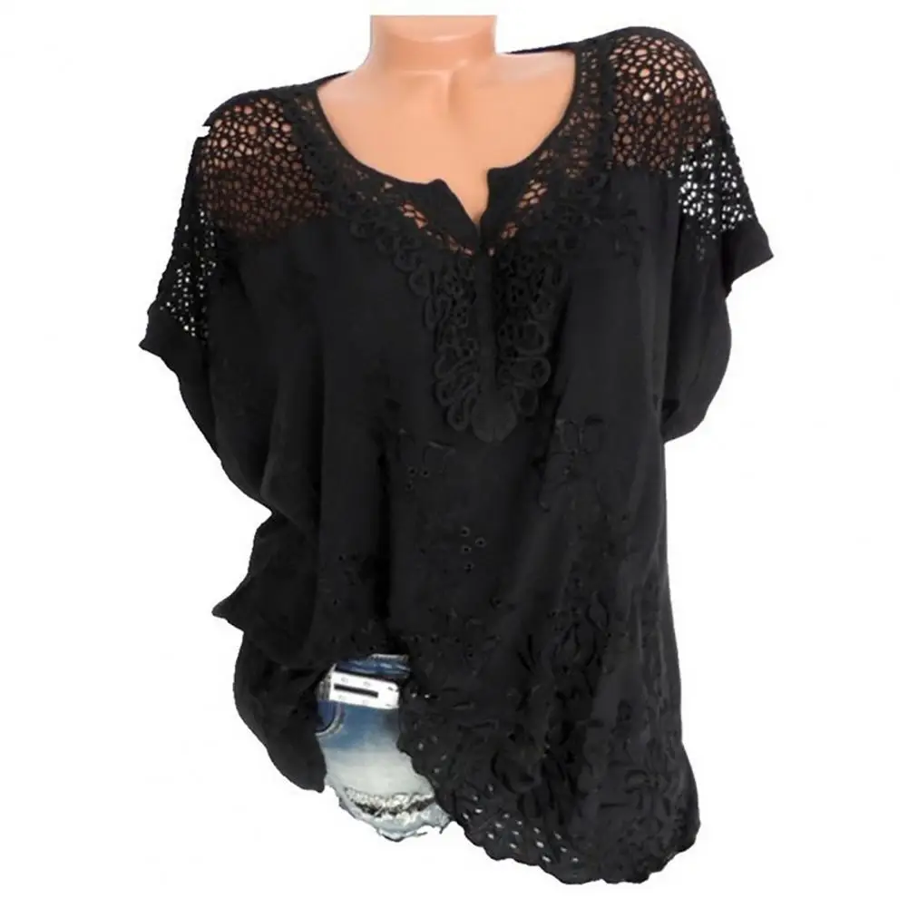 

Summer Women T-shirt Short Sleeve V Neck Soft Lace Crochet Hollow Loose Pullover Top