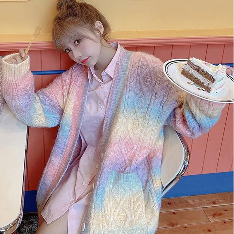 

Rainbow Knitted Cardigan Women Autumn winter Sweet Kawaii Sweater Coat Female Long Korean Button Down Cardigan Fall 2022 Women