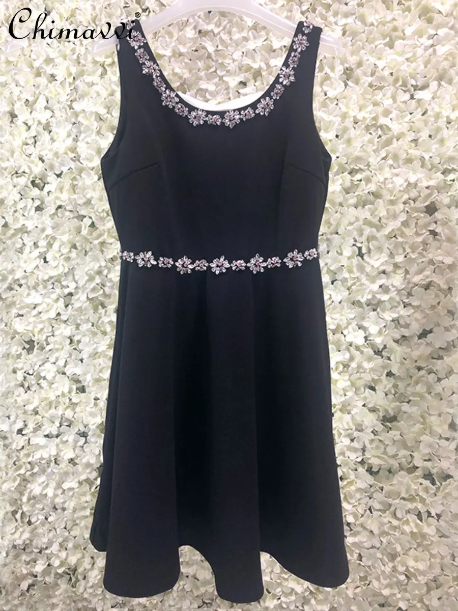 

2023 Spring and Summer New High Waist Sleeveless Exquisite Rhinestone Dress French Entry Lux Bow Suspenders Short Dress Women