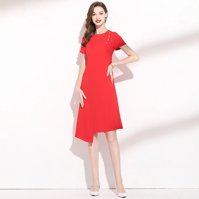 

Satin Red Dress Summer Women M-XXL 2022 NEW OL Round Neck Short Sleeved Fashion Simple Slimming Irregular Dress Midi