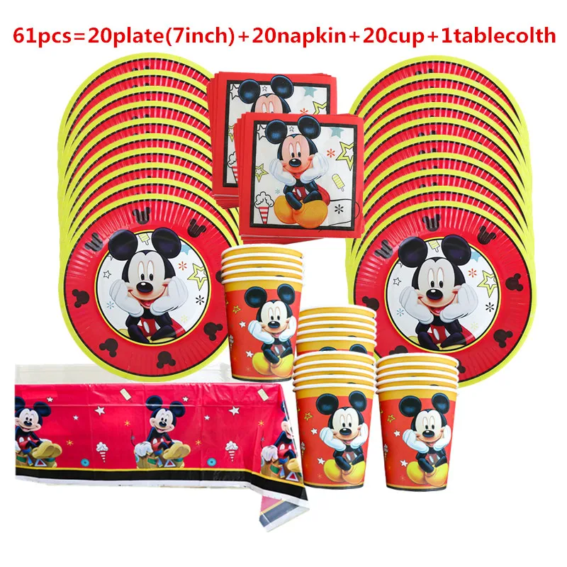 

Hot sale Mickey Mouse Theme Disposable Paper Cups Plates Flexible Straws Baby Shower Kid Birthday Napkin Decoration Supplies Set