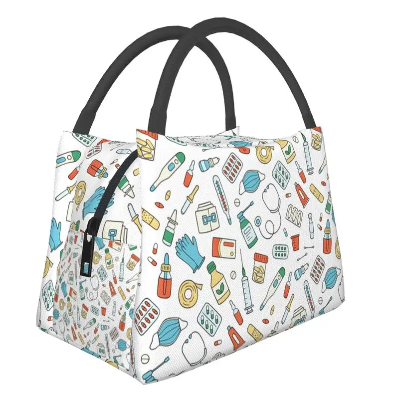 

Healthcare Items Pattern Insulated Lunch Bags for Women Nurse Tool Pattern Portable Cooler Thermal Bento Box Work Travel