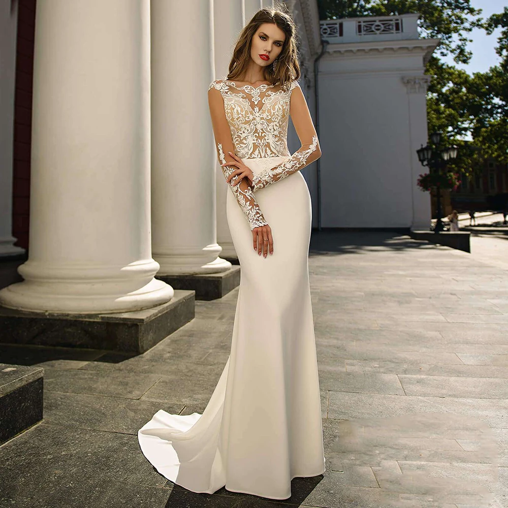 

Sexy Mermaid Wedding Dress 2022 Long Sleeves Lace Appliques Scoop Neck Illusion Sweep Train Backless Bridal Gown Vestido Noiva