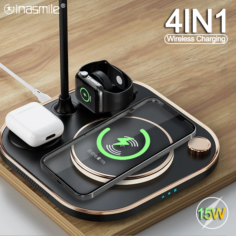 

4in1 Wireless Charger Dock Station With Table Lamps For Iphone 13 12 11 X Fast 15W Wireless Charging Station For IWatch AirPods