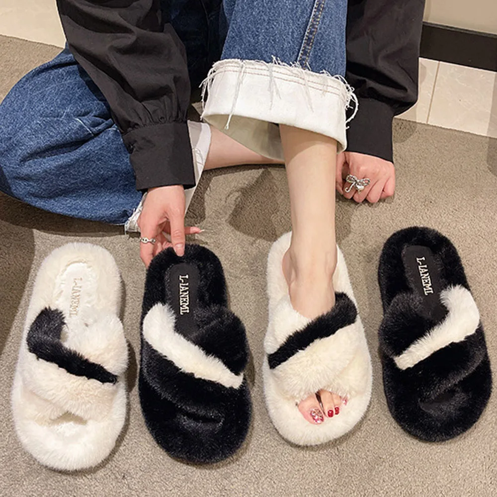 

New Ladies Thick Bottom Fur Slippers Fashion Black White Cross Plush Slides Women Home Floor Indoor Slippers Winter Zapato Mujer