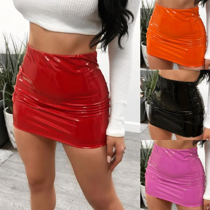 

Summer Women Female Sexy Bright Leather Bag Hip Zip Up Skirt Pencli Solid Color Mini Skirts Skinny Ladies Girl Sexy Club Skirt