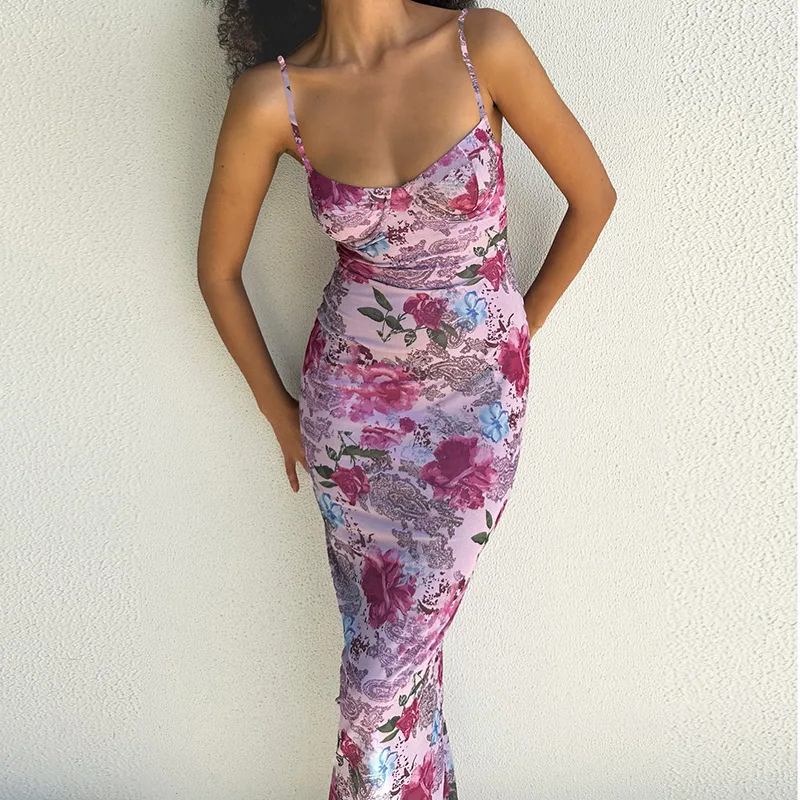 

European And American Style 2023 Summer New Women's Fashion Print Hollow Out Open Back One Line Neck Slim Fit Dress