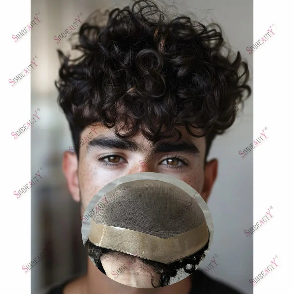 Моно NPU основа 20 мм вьющиеся 100% человеческие волосы Toupee для мужчин прочный протез