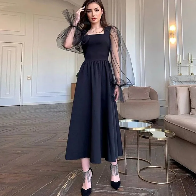 

Elegant Luxurious A-Line Long Sleeve Evening Dress Black 2022 Simple Square Neck Party Dress Backless Women's Prom Cocktail