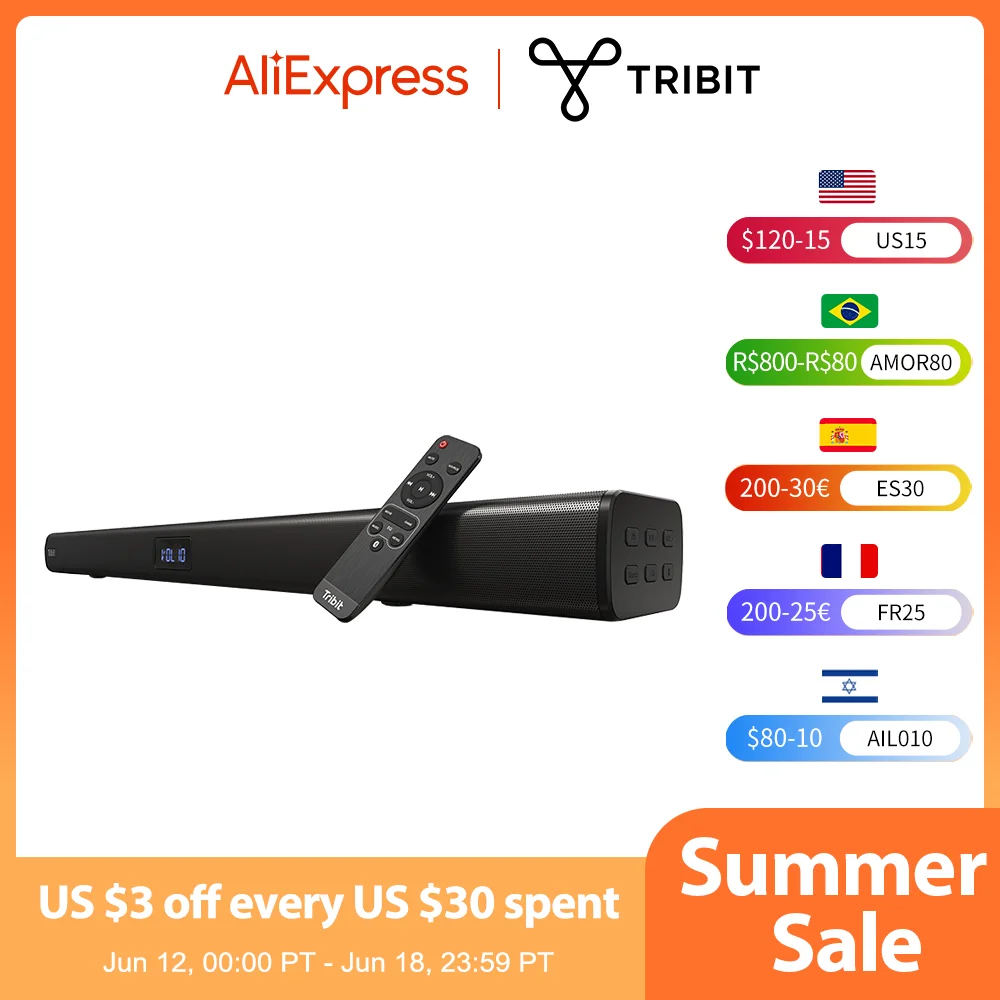 Tribit 38-inch 100W Soundbar for TV: 2.2ch with 6 Built-in Speaker, Bluetooth 5.0 or Aux/USB/HDMI Connection Home Theater System