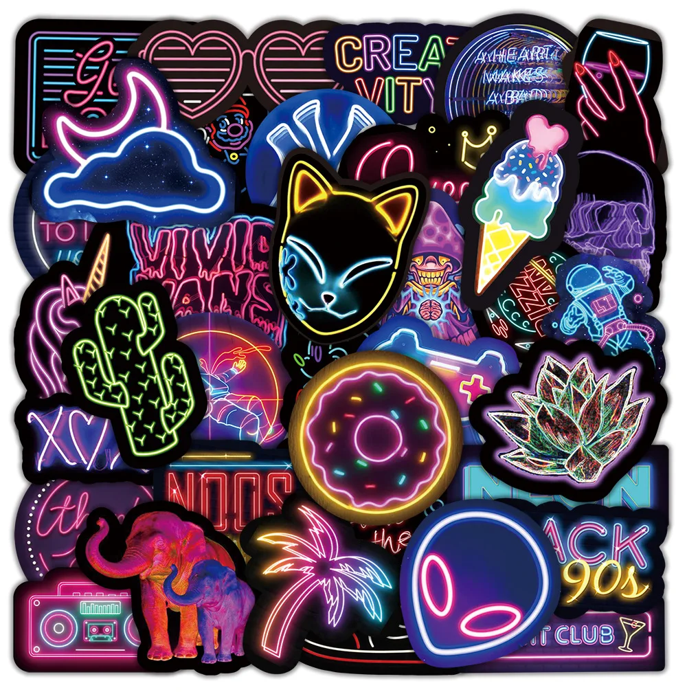 

10/30/50Pcs of Neon Light Personality Cartoon Creative Motorcycle Computer Skateboard Trolley Case Waterproof Graffiti Sticker