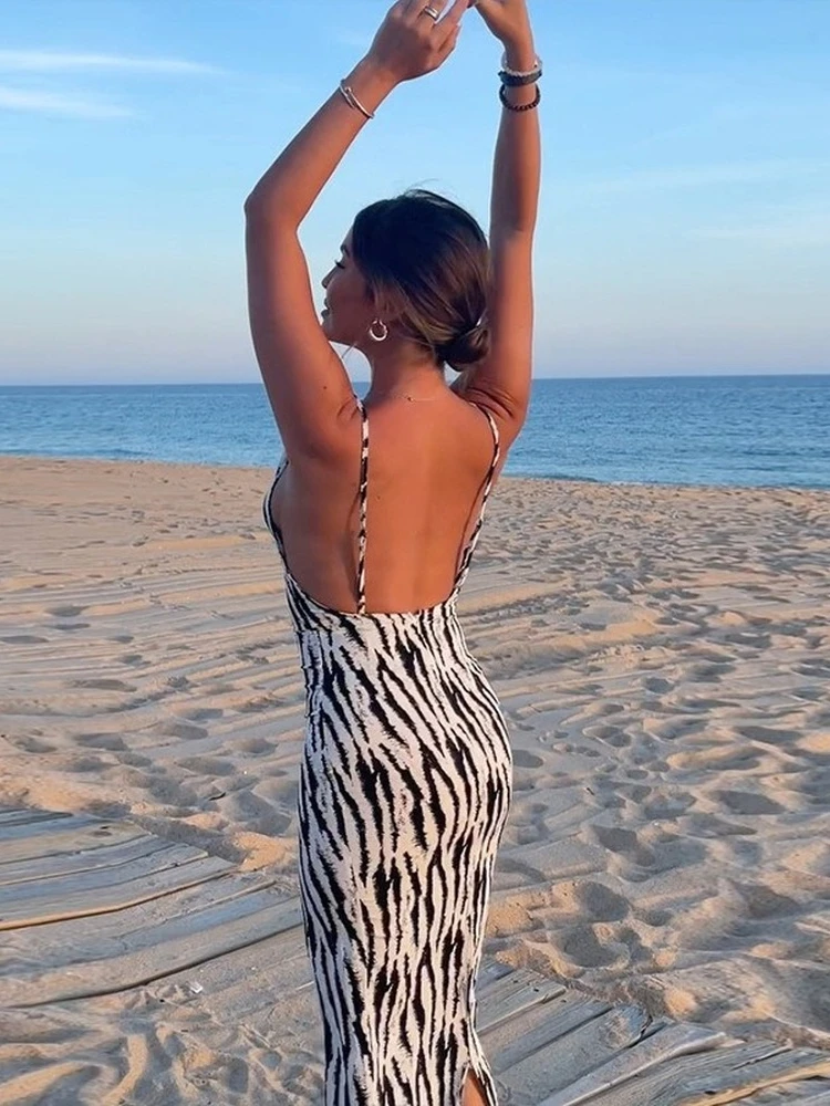 

Backless Maxi Dress Summer Women Elegant Zebra Print Strap Slim Dresses Long Sexy Sleeveless Club Party Beach Dress 2022 Outfits