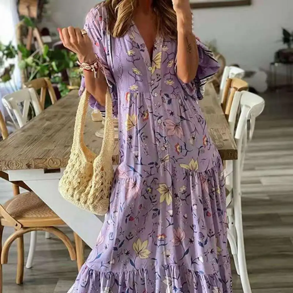 

Lantern Long Sleeve High Waist Maxi Dress Large Hem Bohemia Floral Print Ruffle Trim Baggy Dress Streetwear