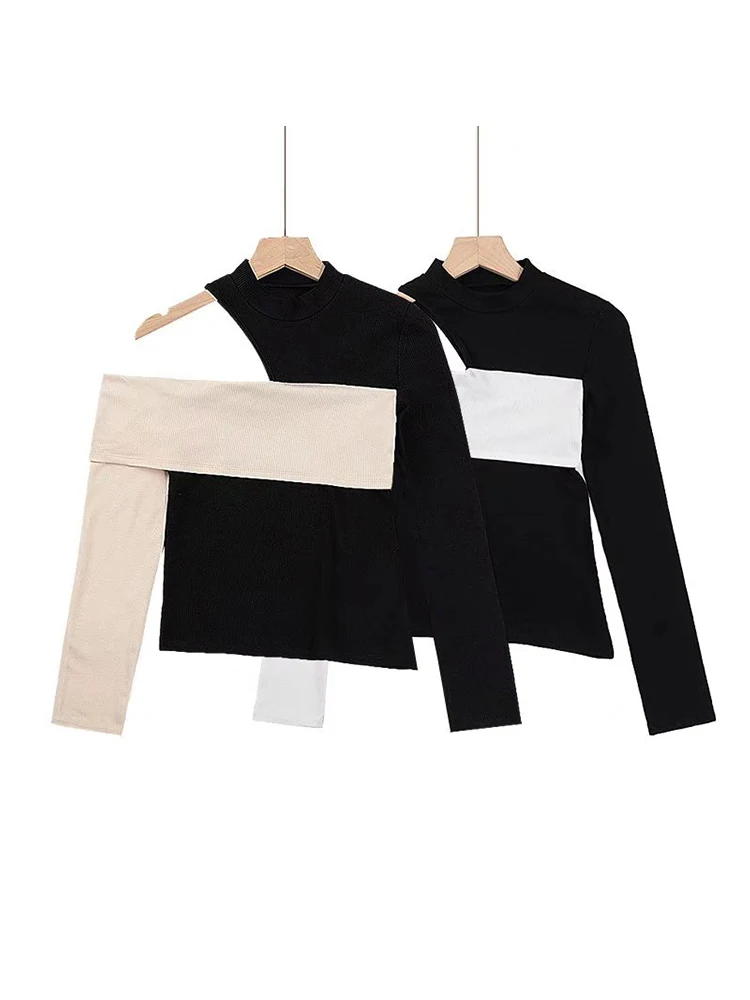 

SheMujerSky Women Sexy Cold Shoulder Tee 2022 O-neck Black Patchwork Khaki Knitted Elastic Slim Long Sleeve Tshirts