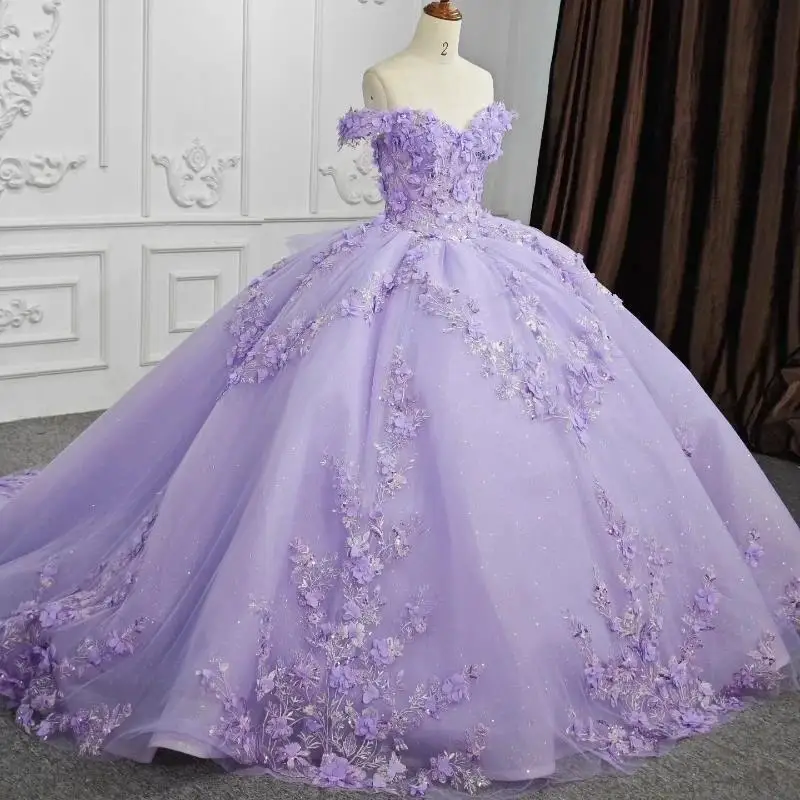 Лавандовое бальное платье с открытыми плечами платья Quinceanera милое 3D цветочной