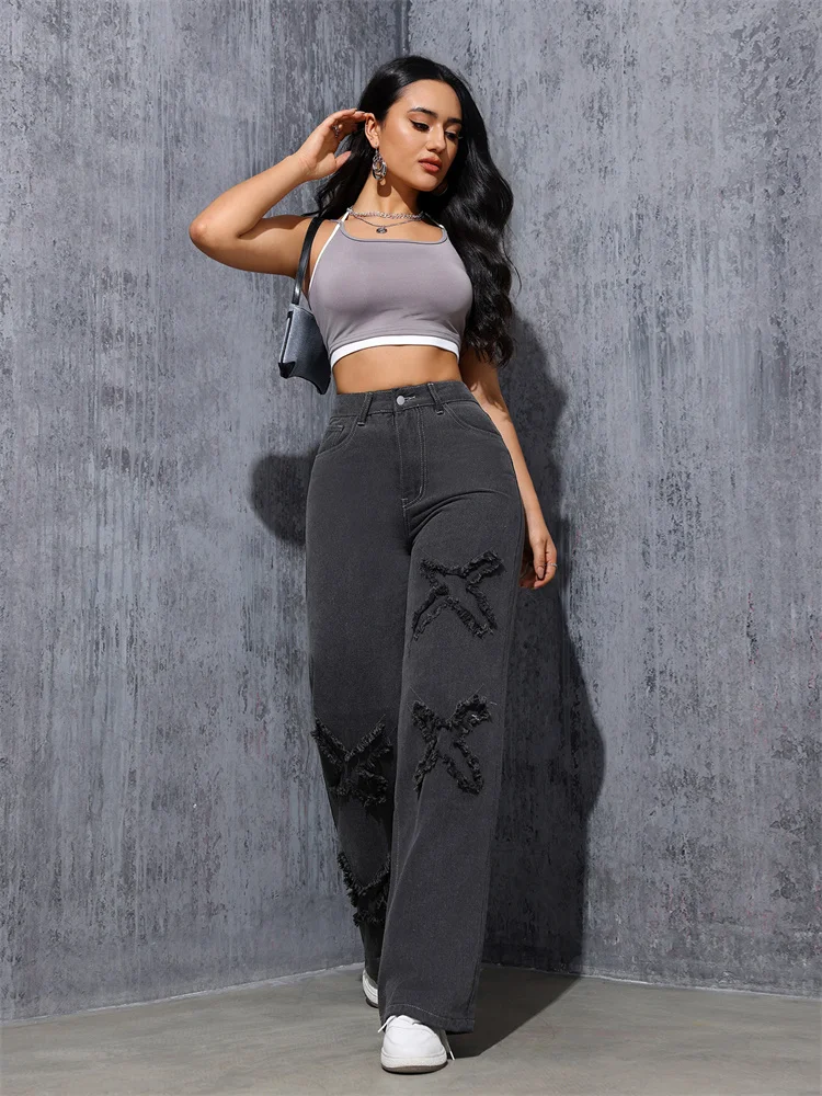 Брюки с надписью Personality X уличные узкие серые джинсы прямые брюки прямой талией